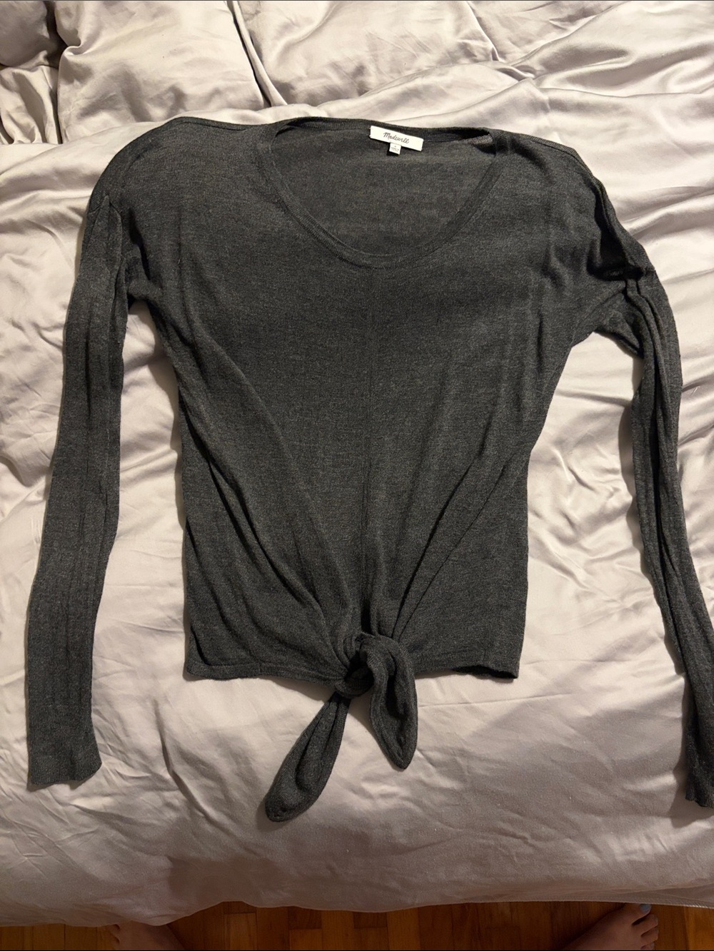 Madewell Charcoal Gray Scoop Neck Tie-Front Long Sleeve Top